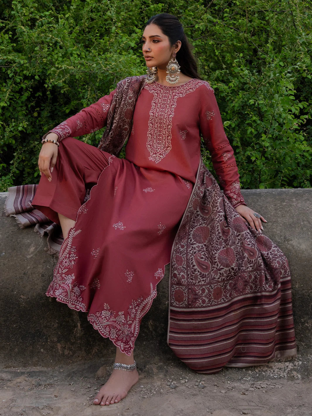 LF-IZ3070 Dhanak Unstitched Chikenkari Embroidered 3pc Suit With Digital Printed Diamond Wool Shawl