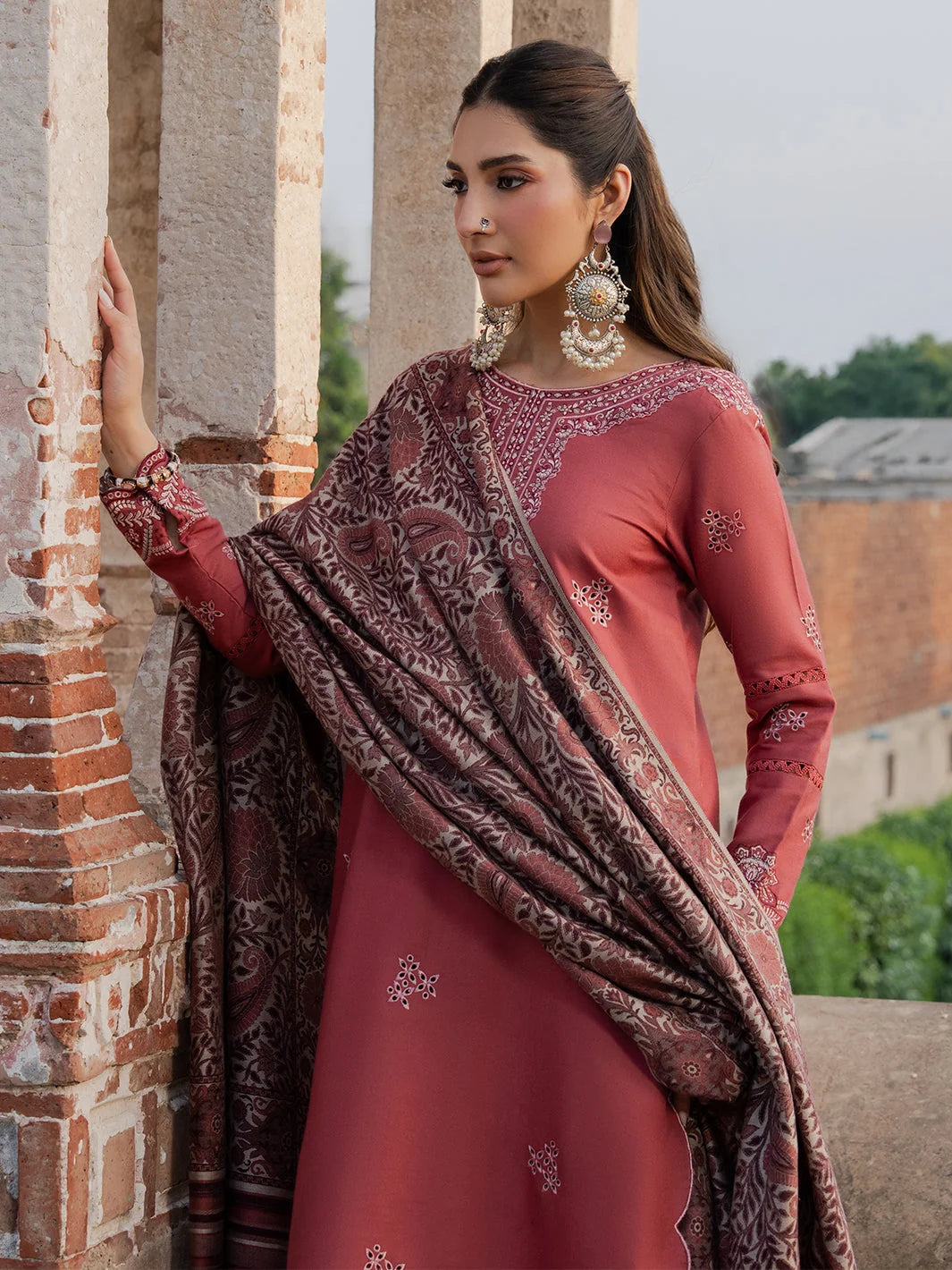 LF-IZ3070 Dhanak Unstitched Chikenkari Embroidered 3pc Suit With Digital Printed Diamond Wool Shawl
