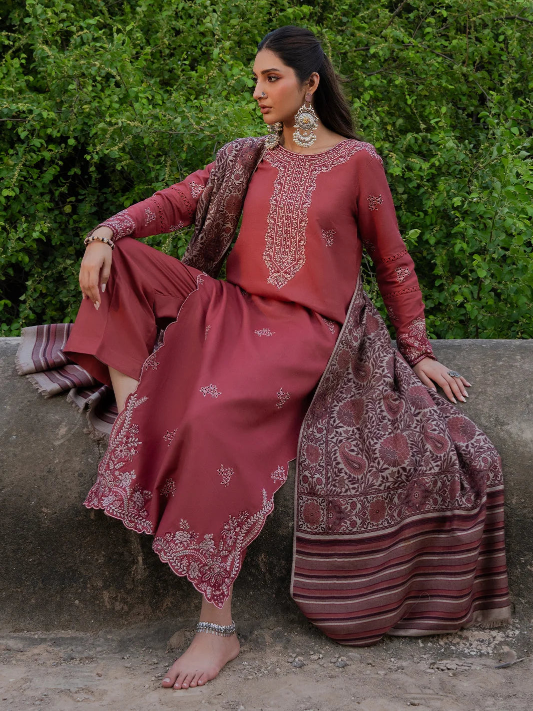 LF-IZ3070 Dhanak Unstitched Chikenkari Embroidered 3pc Suit With Digital Printed Diamond Wool Shawl