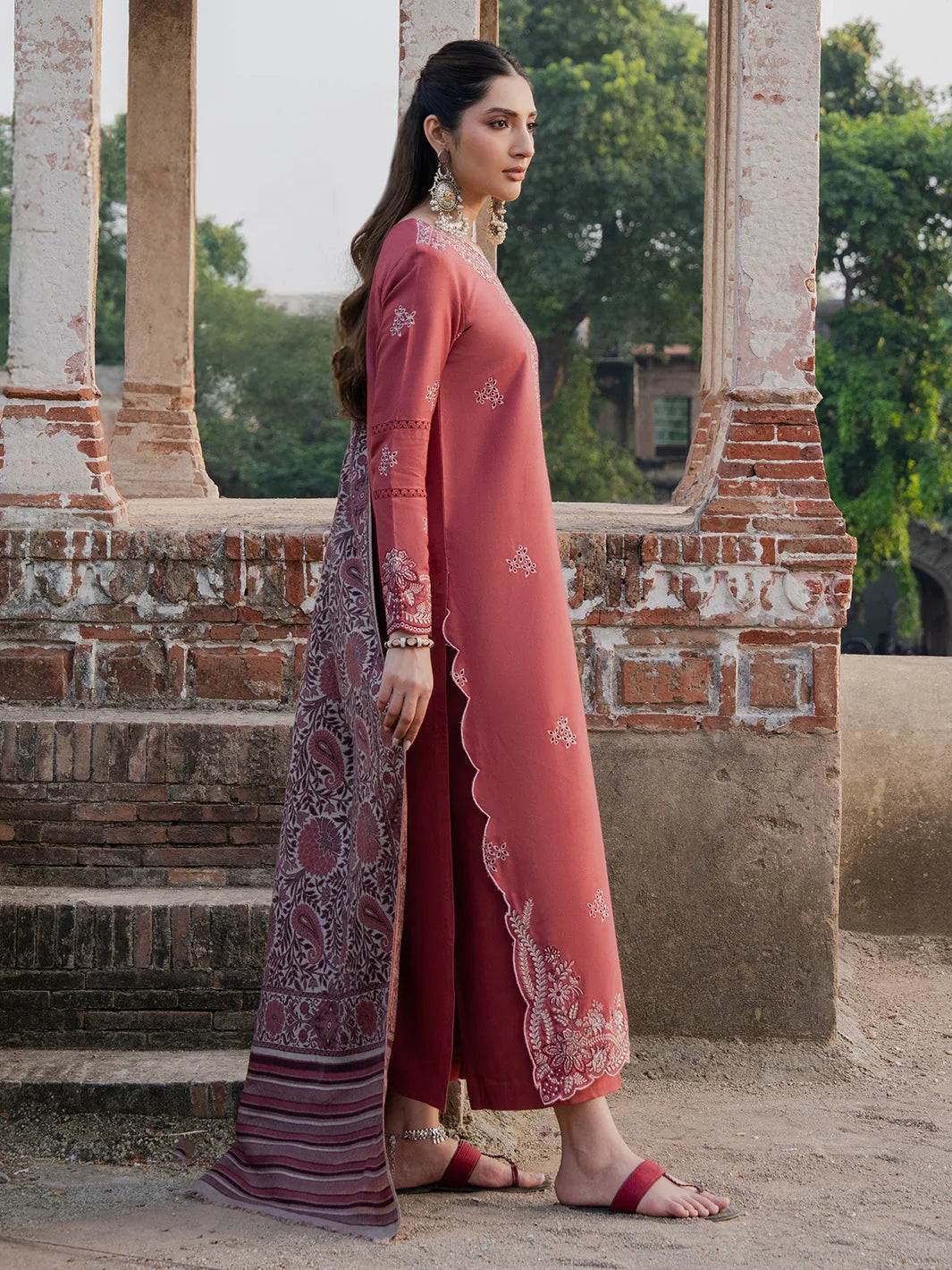 LF-IZ3070 Dhanak Unstitched Chikenkari Embroidered 3pc Suit With Digital Printed Diamond Wool Shawl