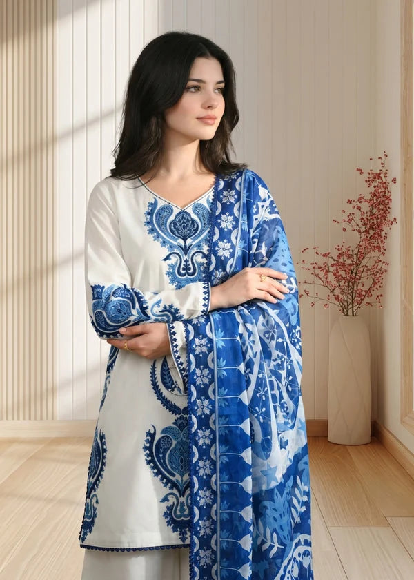 LF-LM3105 Dhanak Unstitched Fully Embroidered 3pc Suit With Diamond Wool Digital Printed Shawl
