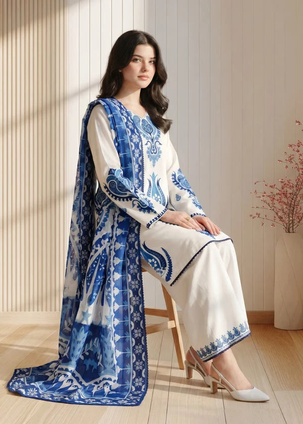 LF-LM3105 Dhanak Unstitched Fully Embroidered 3pc Suit With Diamond Wool Digital Printed Shawl