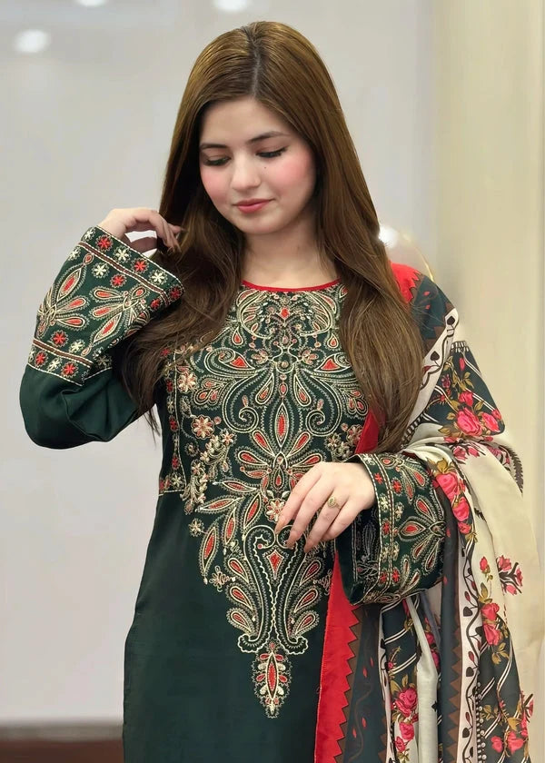 LF-BQ3075 Dhanak Unstitched Embroidered 3pc Suit With Diamond Wool Digital Printed Shawl