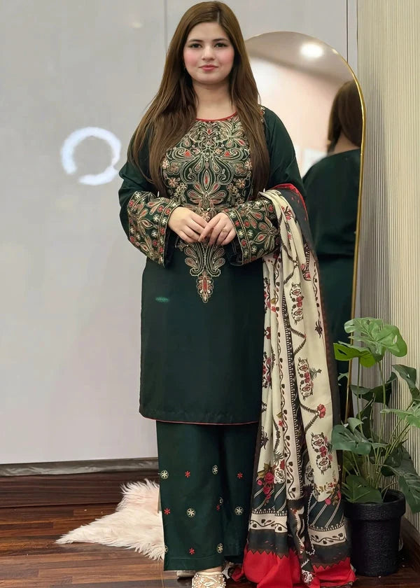 LF-BQ3075 Dhanak Unstitched Embroidered 3pc Suit With Diamond Wool Digital Printed Shawl