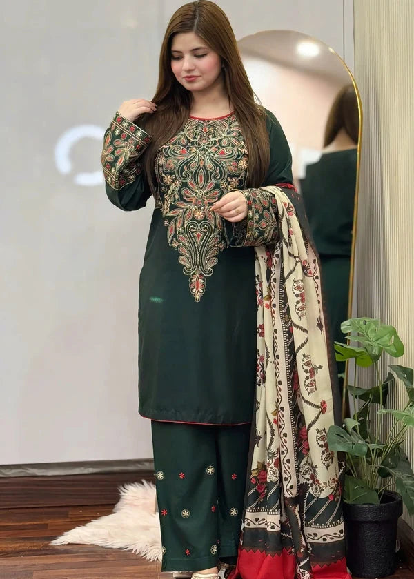 LF-BQ3075 Dhanak Unstitched Embroidered 3pc Suit With Diamond Wool Digital Printed Shawl