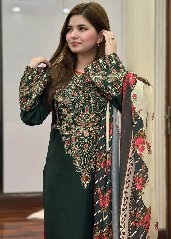 LF-BQ3075 Dhanak Unstitched Embroidered 3pc Suit With Diamond Wool Digital Printed Shawl