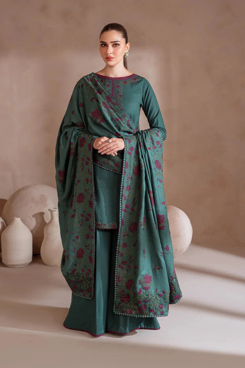 LF-IZ2925 Unstitched Fully Embroidered Dhanak Suit With Fully Embroidered Dhanak Shawl