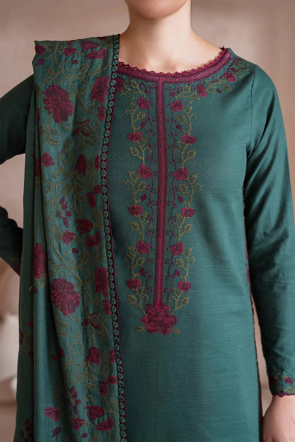 LF-IZ2925 Unstitched Fully Embroidered Dhanak Suit With Fully Embroidered Dhanak Shawl