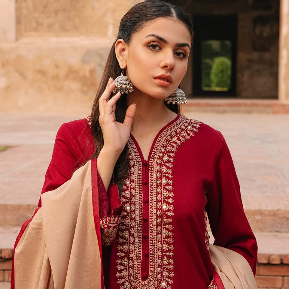 SR-ZK970 Unstitched Embroidered Dhanak Suit With Embroidered Dhanak Shawl