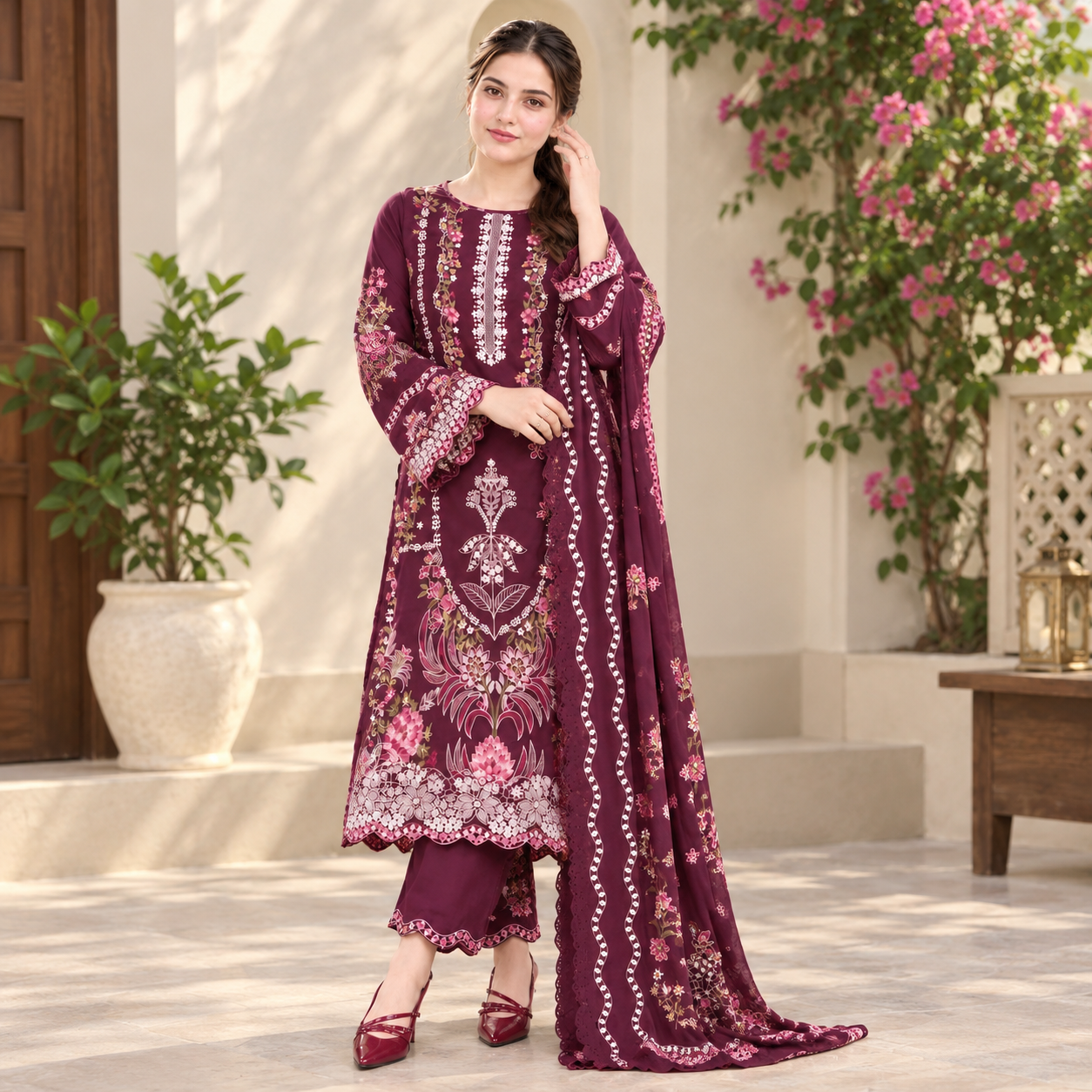 Burgundy LF-AS2737 Dhanak Unstitched Embroidered 3pc Suit With Dhanak Embroidered Shawl