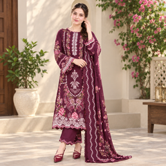 Burgundy LF-AS2737 Dhanak Unstitched Embroidered 3pc Suit With Dhanak Embroidered Shawl