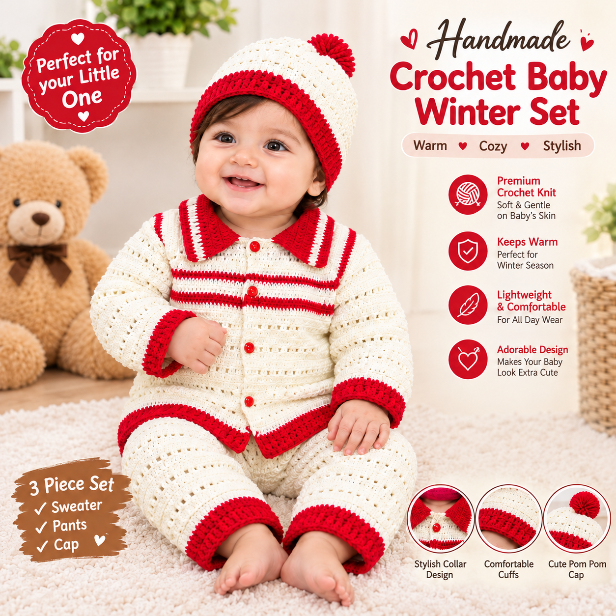 Handmade Crochet Baby Winter Set for Boys & Girls – 3 Piece Sweater, Pants & Pom-Pom Cap | Soft, Warm & Cozy Knitted Outfit