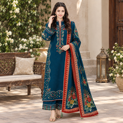 LF-HR3025 Unstitched Fully Embroidered Dhanak Suit With Digital Printed Wool Shawl