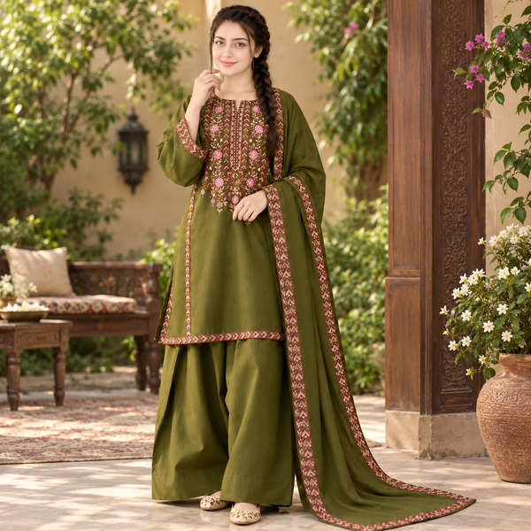 LF-BT2960 Unstitched Fully Embroidered Dhanak Suit With 4 Sided Embroidered Dhanak Shawl