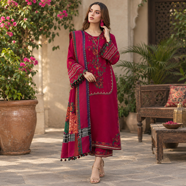 LF-CZ2980 Unstitched Fully Embroidered Dhanak Suit With Digital Printed Diamond Wool Shawl