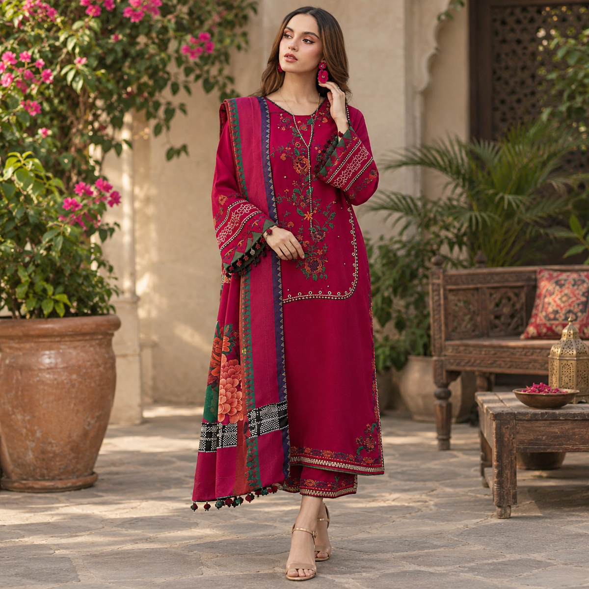 LF-CZ2980 Unstitched Fully Embroidered Dhanak Suit With Digital Printed Diamond Wool Shawl