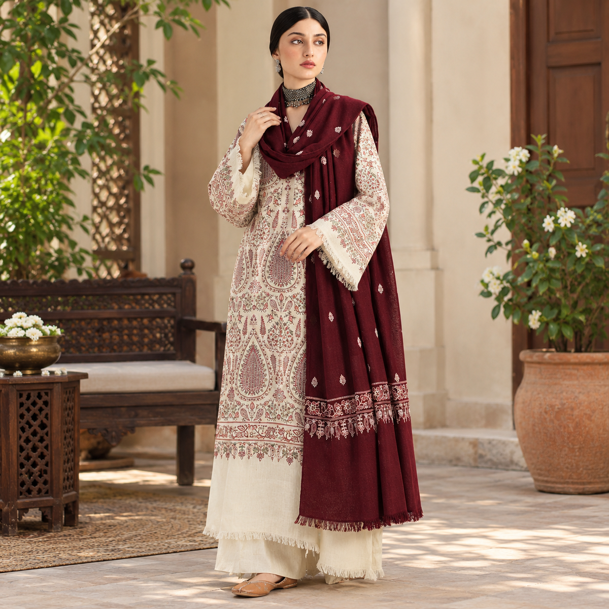 LF-ZS3020 Dhanak Unstitched Fully Embroidered 3pc Suit With Fully Embroidered Dhanak Shawl