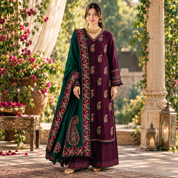 LF-92 Highly Recommended (8.2 meters) Unstitched Fully Embroidered Dhanak Suit With 4 Sided Embroidered Dhanak Shawl