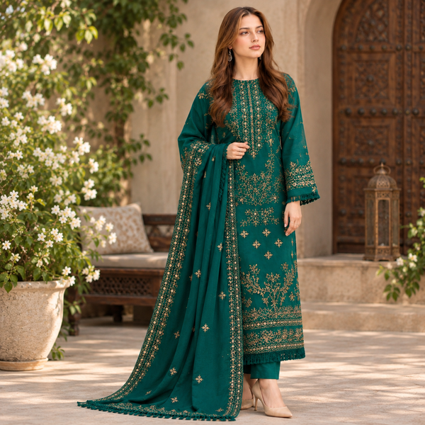 LF-NS40 (8.2 Meters) Un-Stitched Dhanak Embroidered Suit With Dhanak Embroidered Shawl