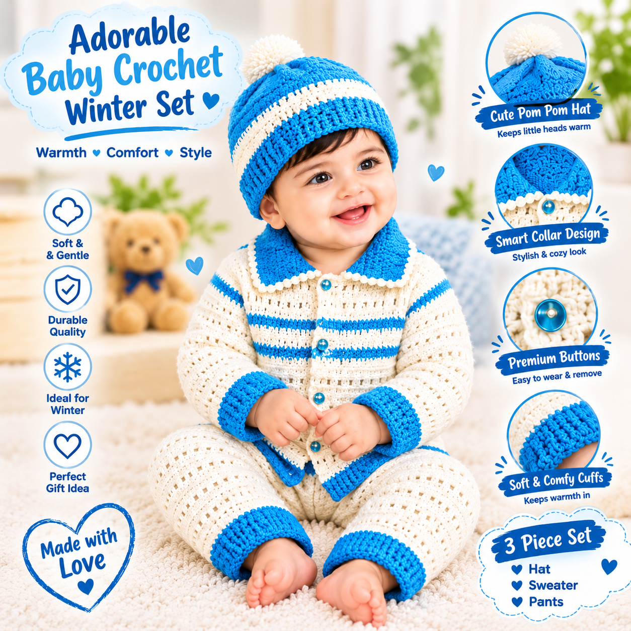Adorable Baby Crochet Winter Set – 3-Piece Hat, Sweater & Pants Outfit