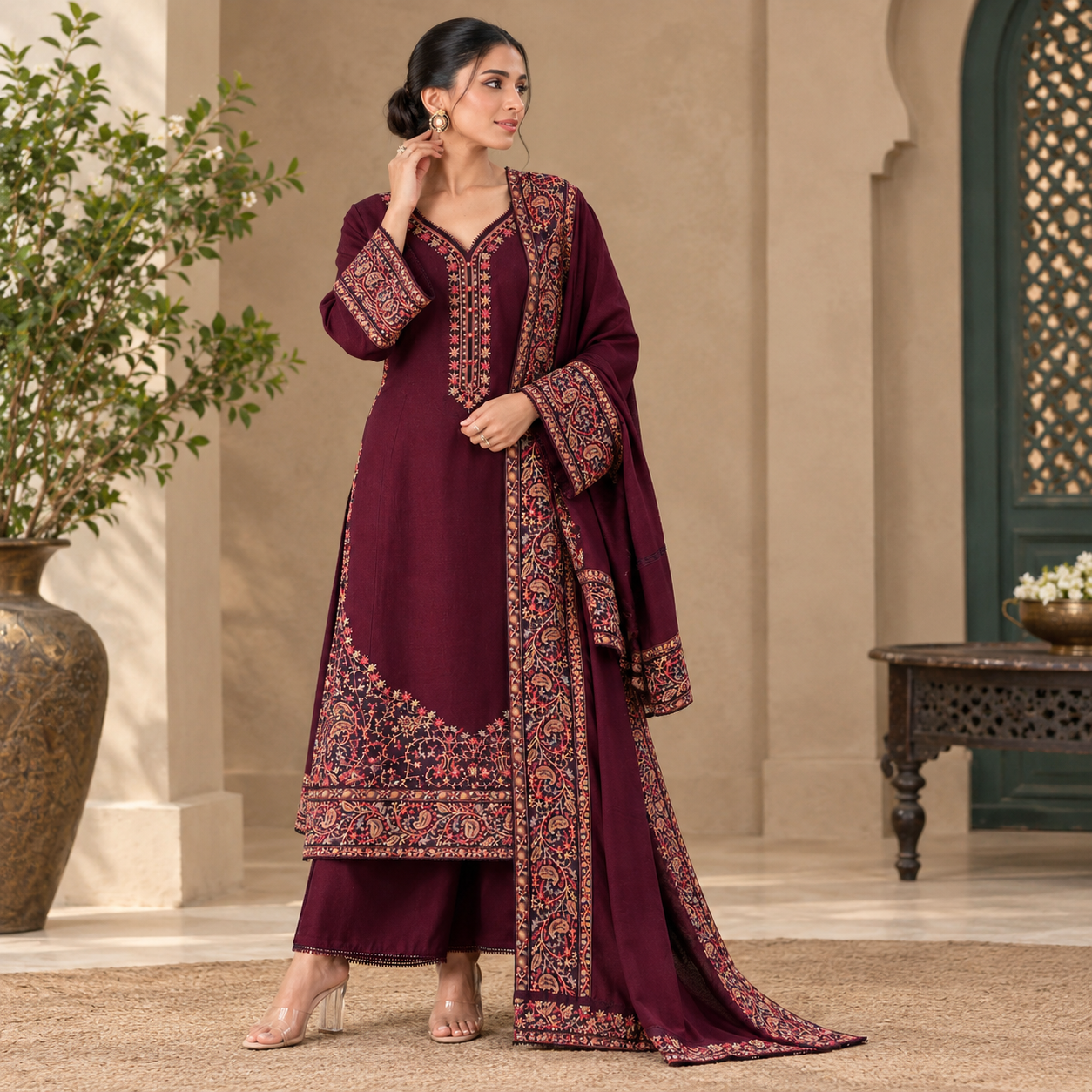 LF-BT2880(M) (8.2 Meters) Unstitched Fully Embroidered Dhanak Suit With Embroidered Dhanak Shawl
