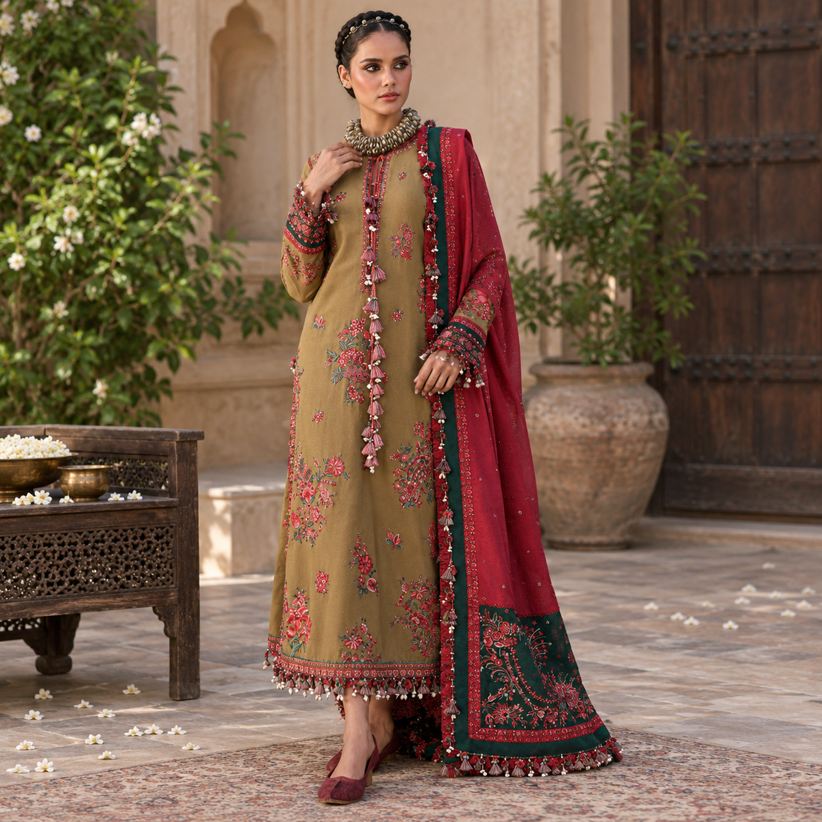LF-HR2945 Unstitched Fully Sequence Embroidered Dhanak Suit With Sequence Embroidered Dhanak Shawl