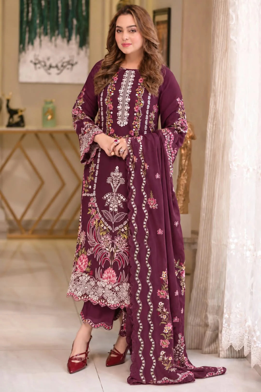 Burgundy LF-AS2737 Dhanak Unstitched Embroidered 3pc Suit With Dhanak Embroidered Shawl