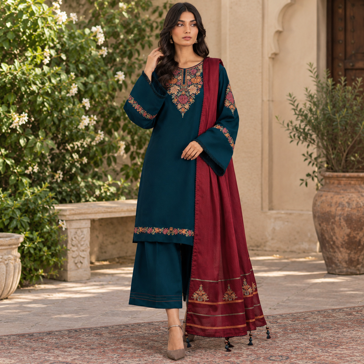 LF-JZ3030 Unstitched Fully Embroidered 3Pc Dhanak Suit With Embroidered Dhanak Shawl