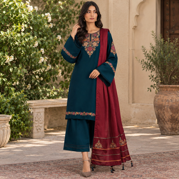 LF-JZ3030 Unstitched Fully Embroidered 3Pc Dhanak Suit With Embroidered Dhanak Shawl