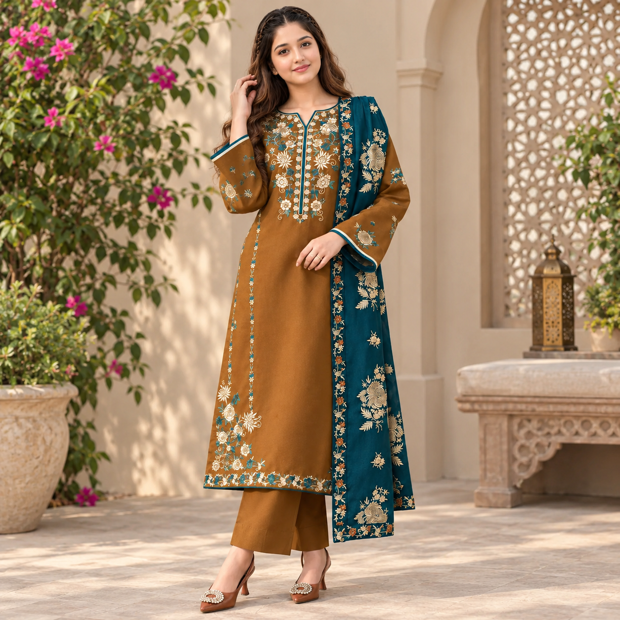 LF-RB250 Highly Recommended (8.2 meters) Unstitched Fully Embroidered Dhanak Suit With 4 Sided Embroidered Dhanak Shawl