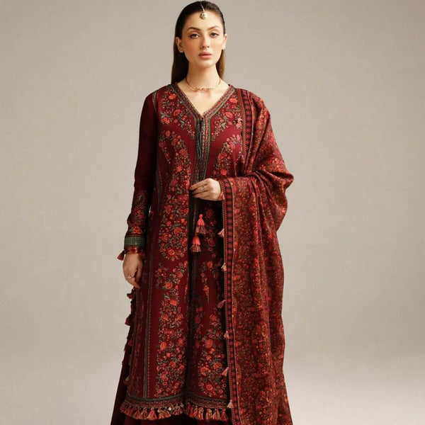 SR-730 Dhanak Embroidered Suit With Digital Printed Wool Shawl