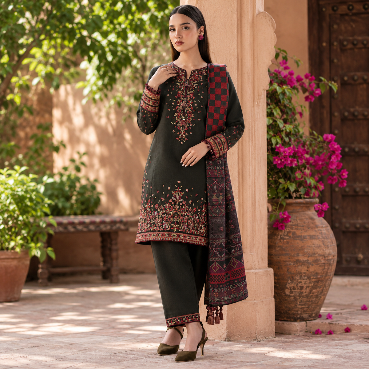 LF-JZ3035 Dhanak Unstitched Embroidered 3pc Suit With Diamond Wool Digital Printed Shawl