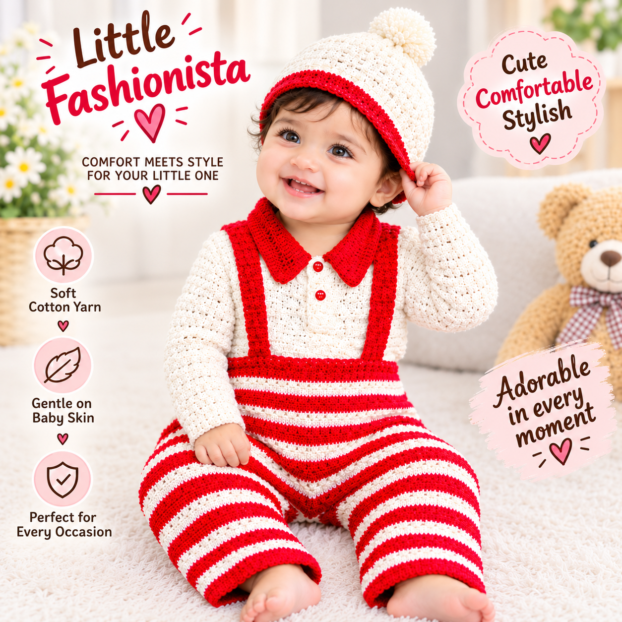 Baby Girl Handmade Crochet Knitted 3-Piece Outfit Set – Red & White Striped Winter Wear