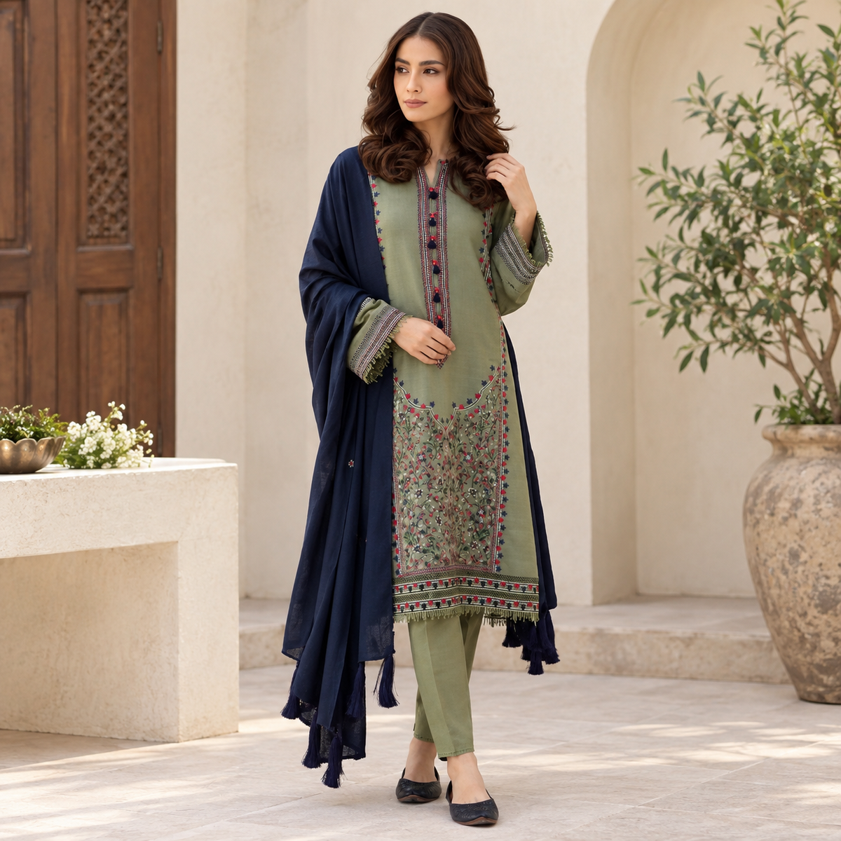 LF-JZ710 Unstitched Fully Embroided Dhanak Suit With Dhanak Dupatta
