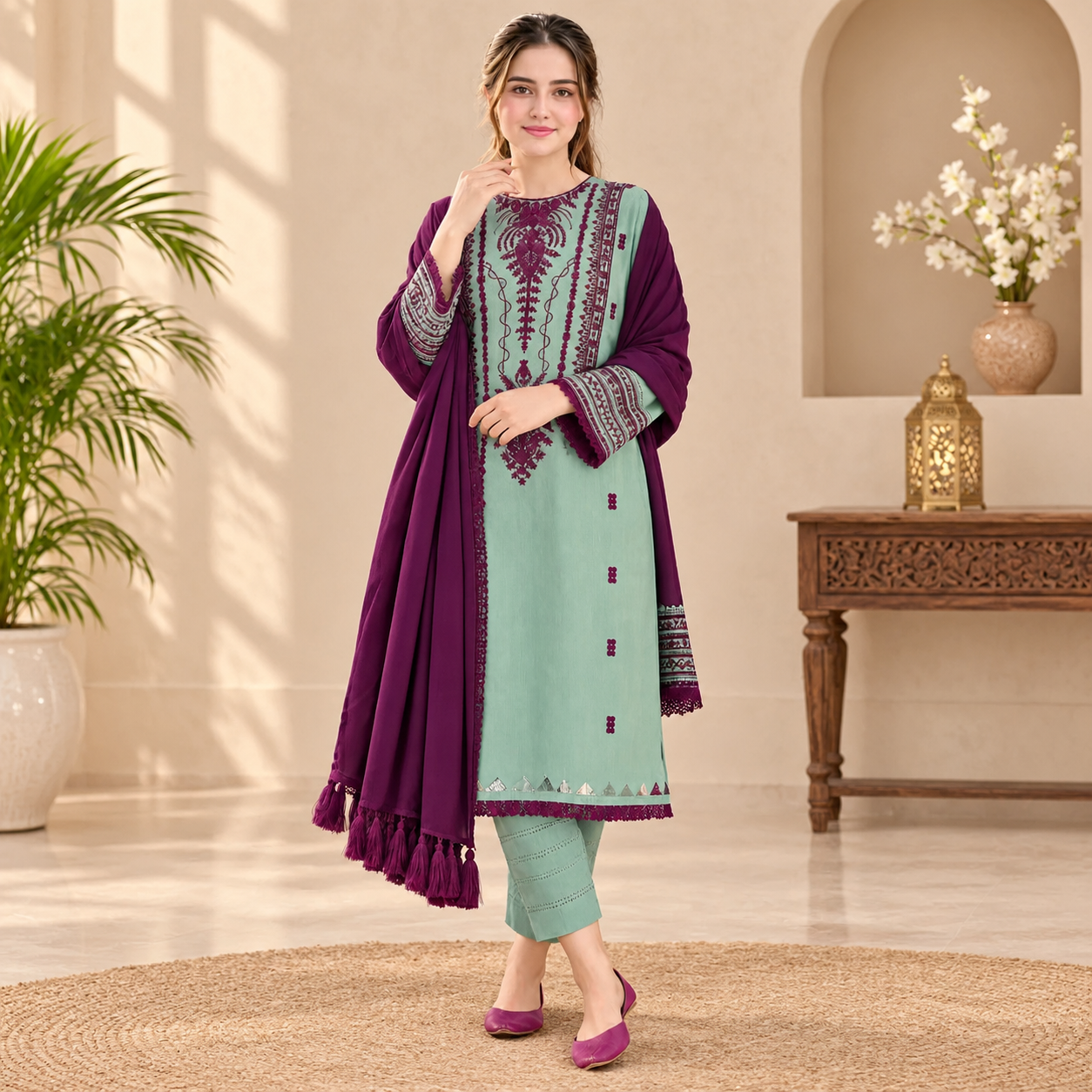 LF-JZ2905 Unstitched Fully Embroidered Dhanak Suit With Dyed Dhanak Shawl