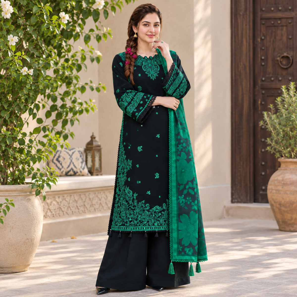 LF-BQ150 3Pc Un-Stitched Dhanak Embroidered Suit With Digital Printed Poly Wool Shawl