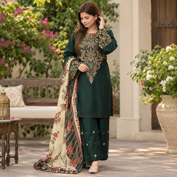 LF-BQ3075 Dhanak Unstitched Embroidered 3pc Suit With Diamond Wool Digital Printed Shawl