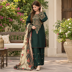 LF-BQ3075 Dhanak Unstitched Embroidered 3pc Suit With Diamond Wool Digital Printed Shawl