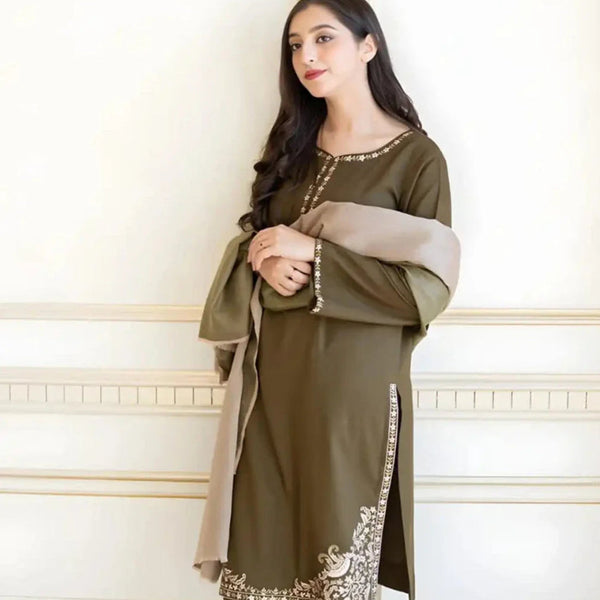 SR-AS10 Unstitched Embroidered Dhanak Suit With Dyed Dhanak Shawl
