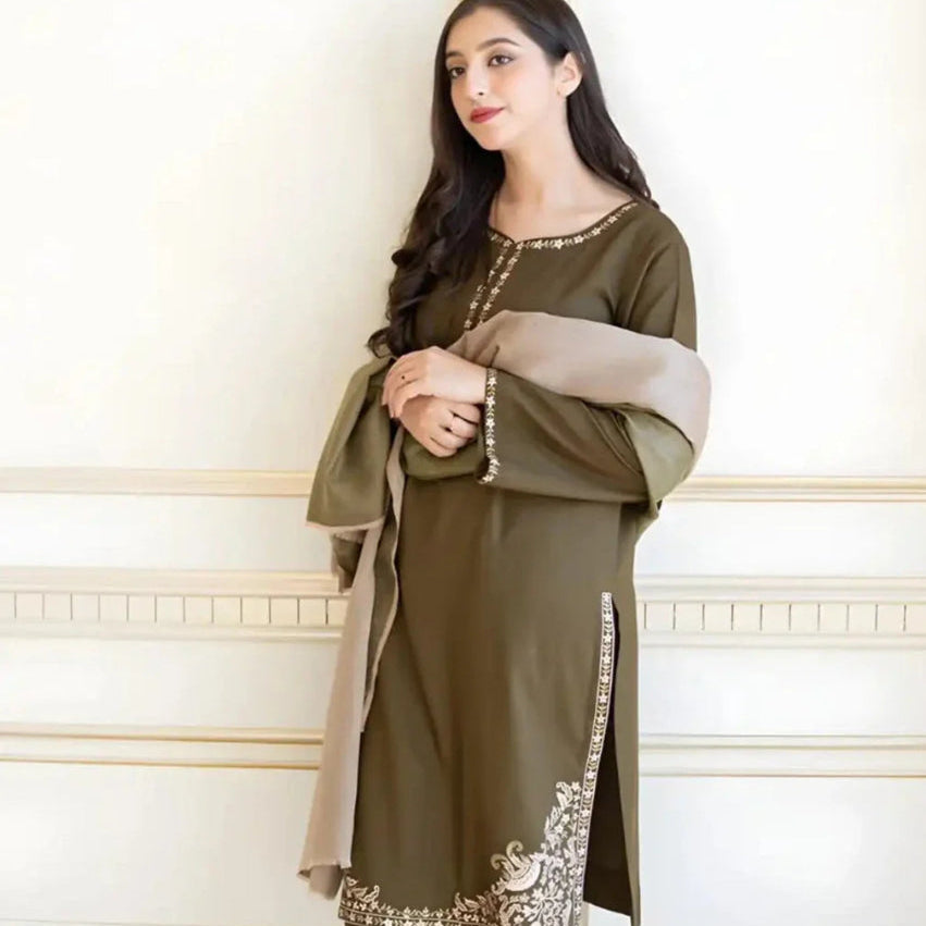 SR-AS10 Unstitched Embroidered Dhanak Suit With Dyed Dhanak Shawl