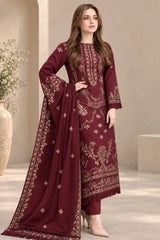 LF-NS40 (Mehroon) (8.2 Meters) Un-Stitched Dhanak Embroidered Suit With Dhanak Embroidered Shawl
