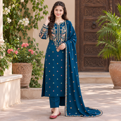 LF-D3100 (Teal) HIGHLY RECOMMENDED (8.2 Meters) Unstitched Fully Embroidered Dhanak Suit With Embroidered Dhanak Shawl