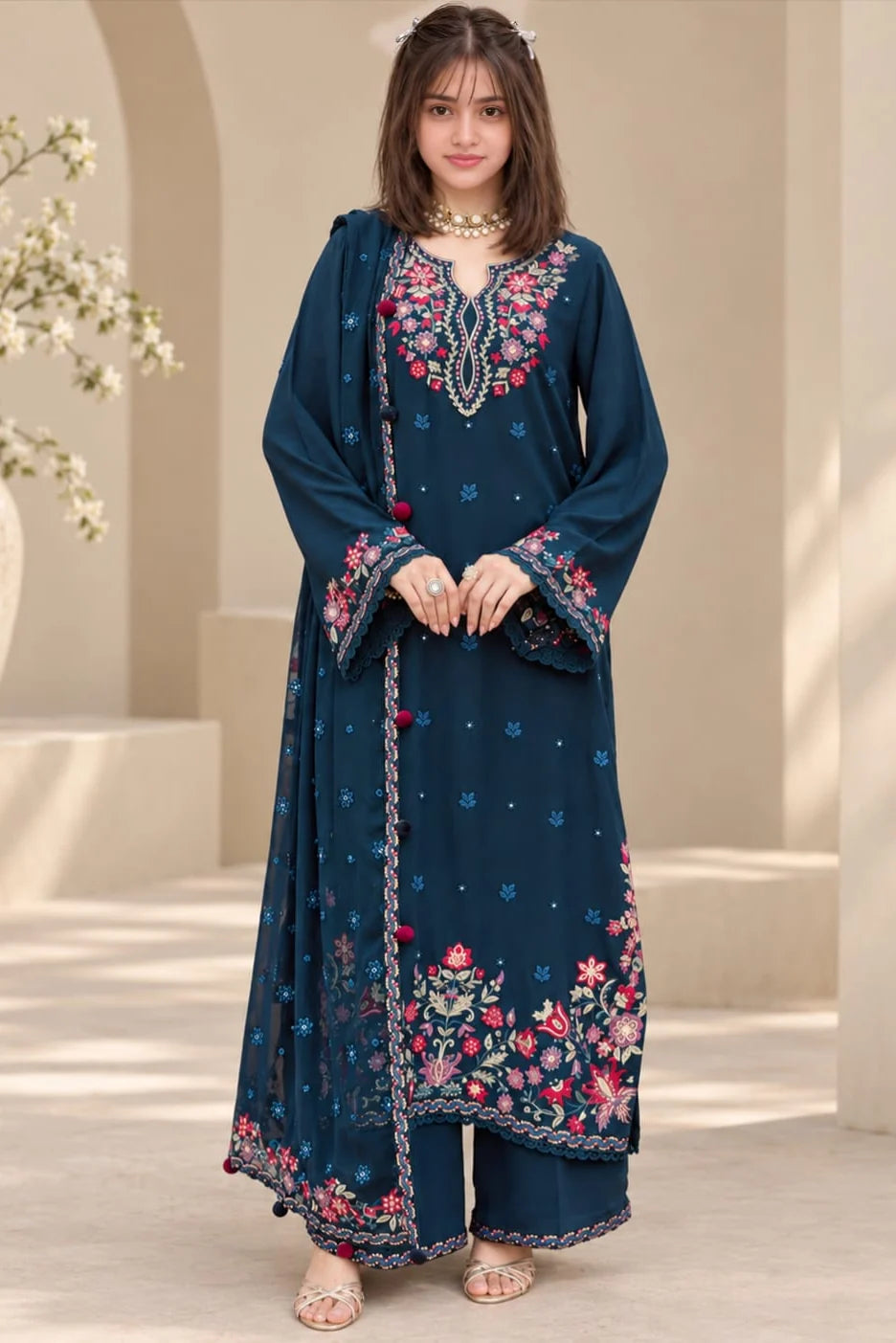 LF-BT4200 Dhanak Unstitched Sequence Embroidered 3pc Suit With Fully Embroidered Dhanak Shawl