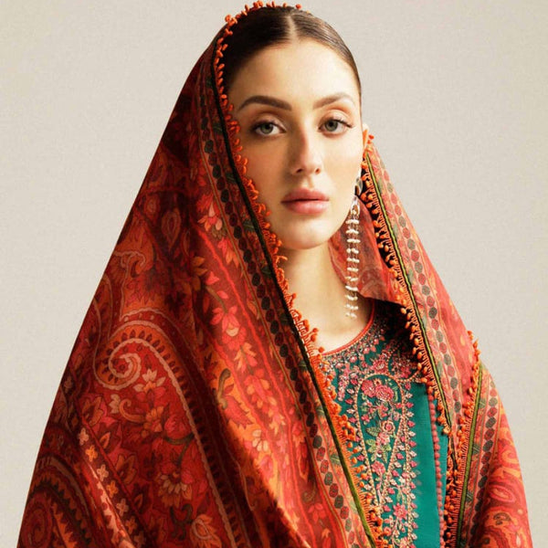 SR-MB525 Dhanak Embroidered Suit With Digital Printed Woolen Shawl