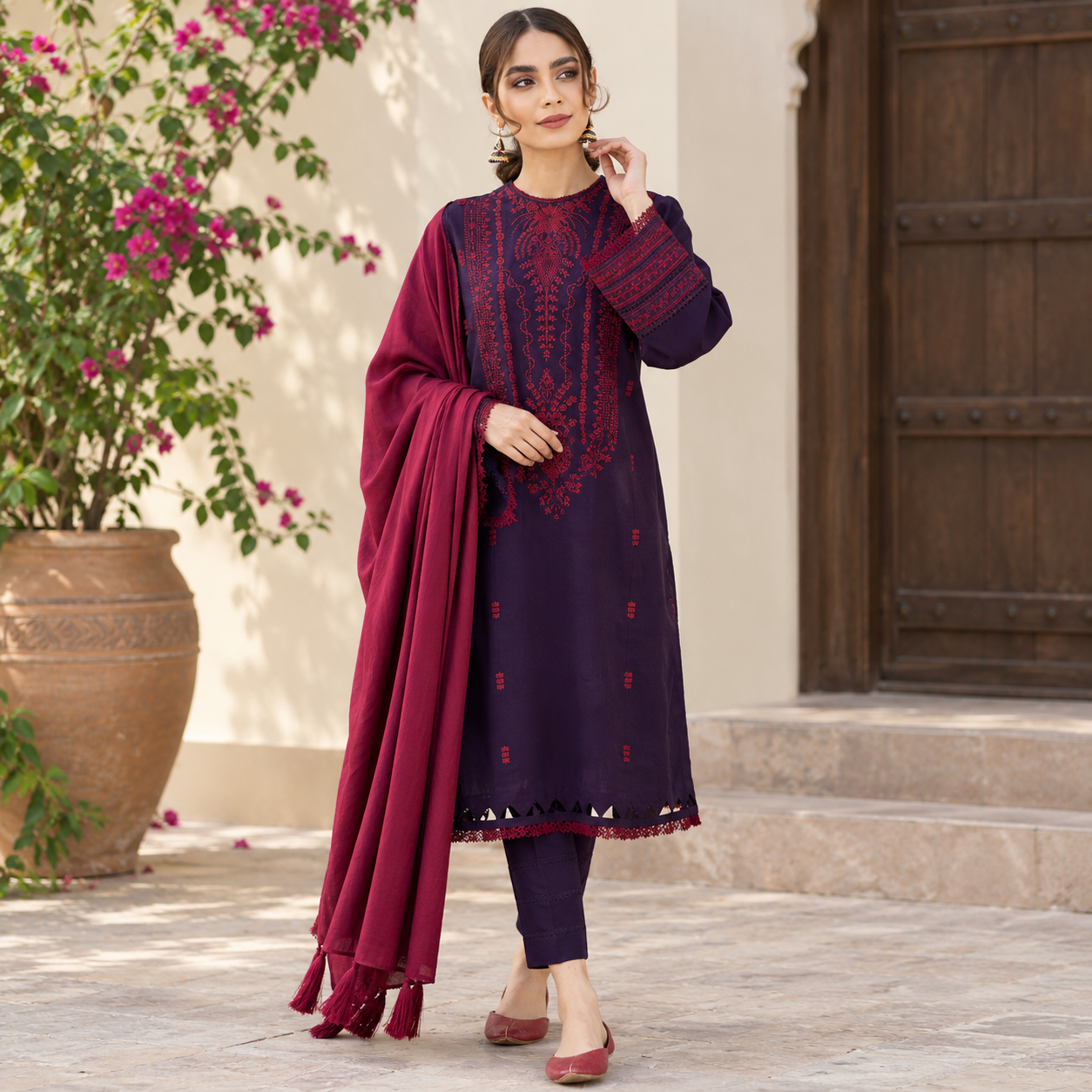 LF-JZ2910 Unstitched Fully Embroidered Dhanak Suit With Dyed Dhanak Shawl