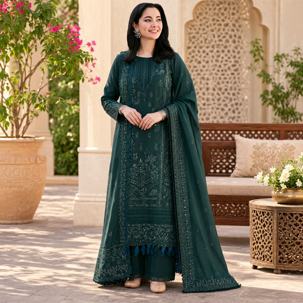 LF-MB935 Unstitched Fully Embroidered Dhanak Suit Embroidered Dhanak Shawl