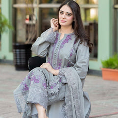 LF-842 Chikenkari Embroidered Lawn Suit 3pc With Embroidered Chiffon Dupatta