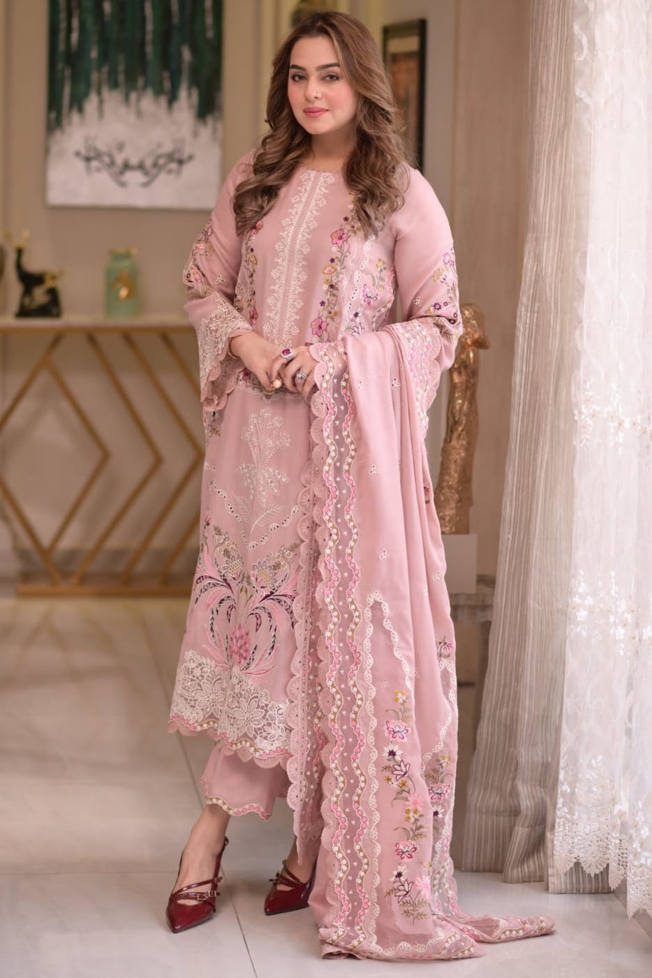 LF-AS2735 Lawn Unstitched Embroidered 3pc Suit With Lawn Embroidered Dupatta