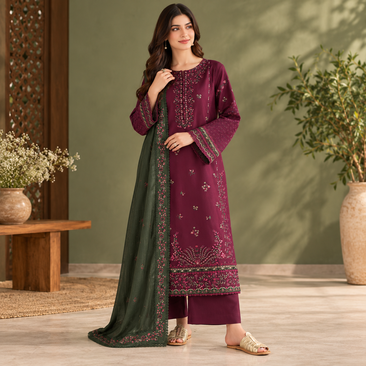 LF-IZ2705 Unstitched Fully Embroidered Dhanak Suit Embroidered Dhanak Shawl