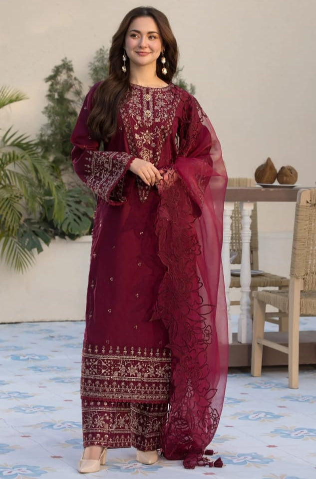 SR-2685 Lawn Unstitched Embroidered 3pc Suit With Organza Embroidered Cutwork Dupatta